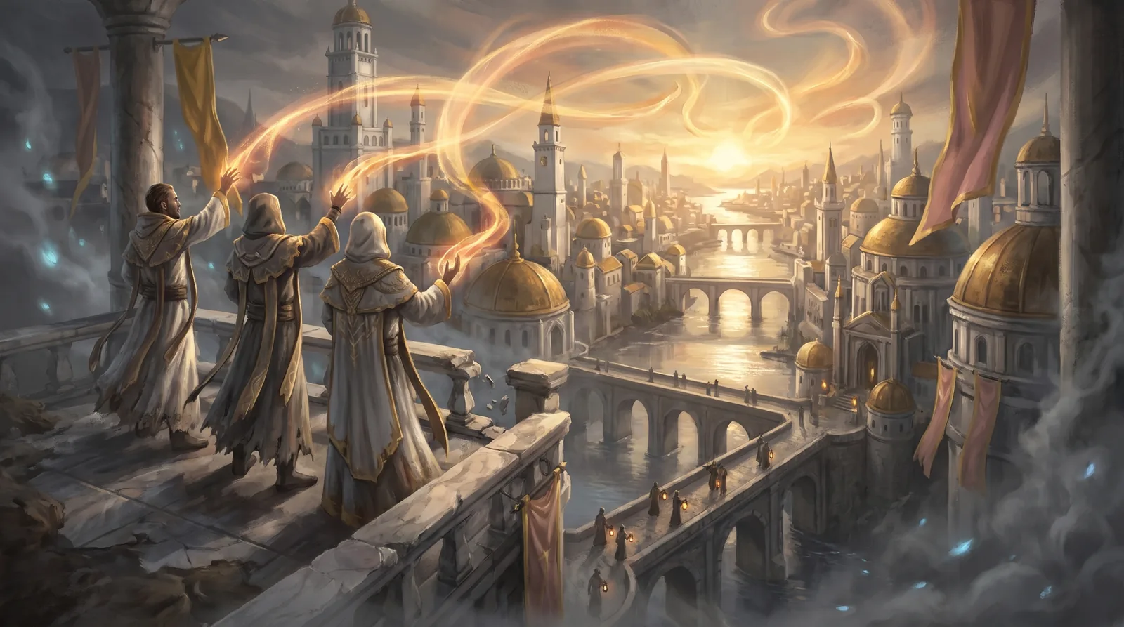 Aurelia al amanecer: cúpulas doradas sobre un río y tres magos que tejen cintas de luz en el cielo.