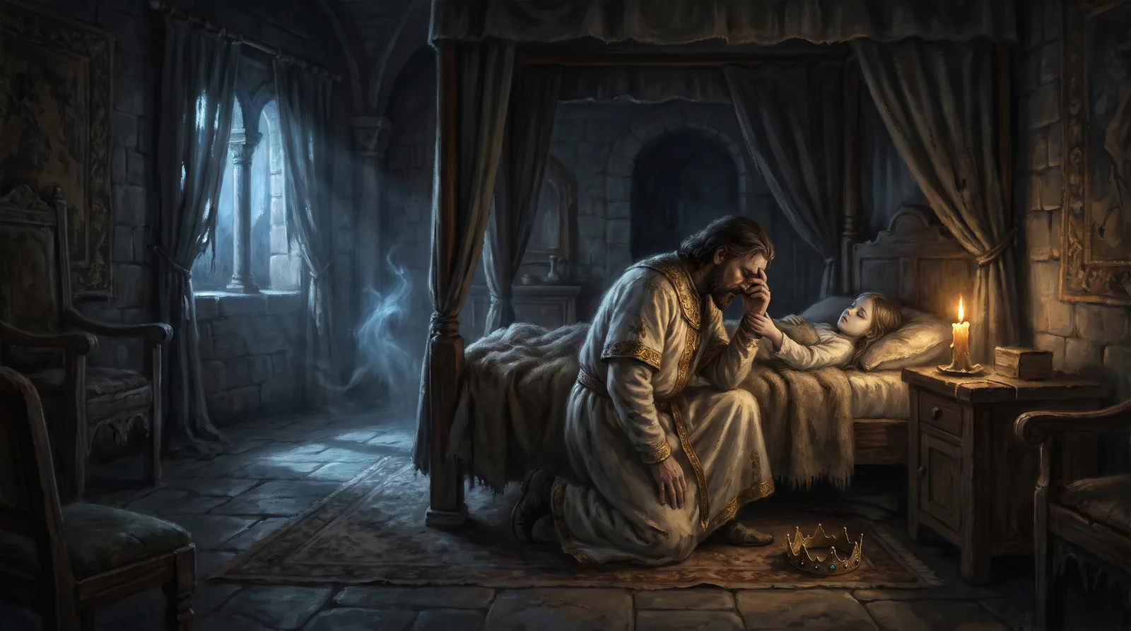 De noche, a la luz de una vela, el emperador arrodillado junto a la cama de su hija, con la corona olvidada en el piso.