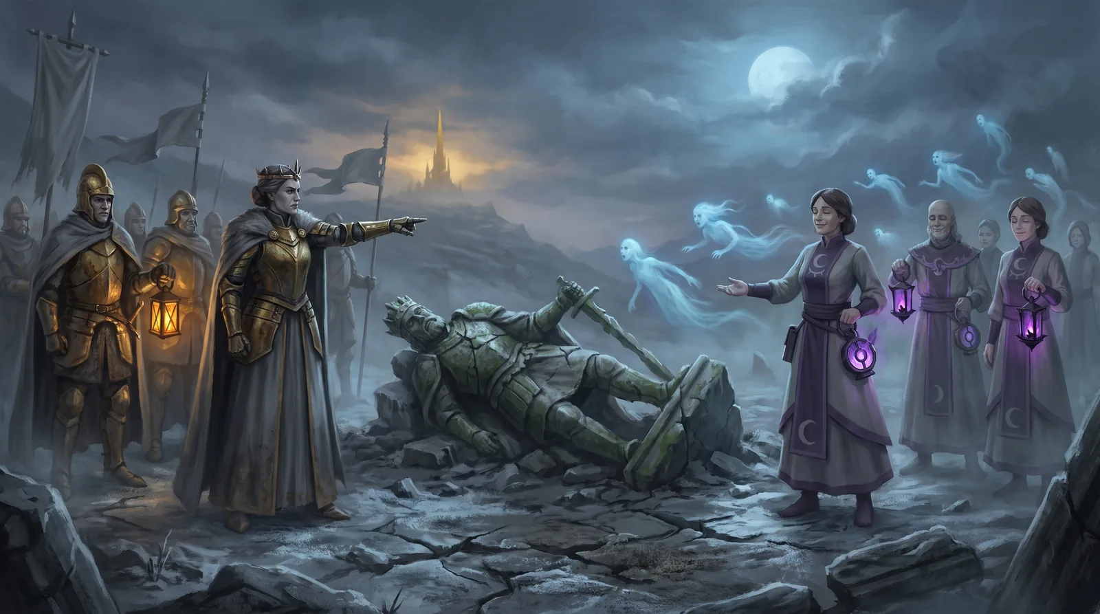 Junto a la estatua caída de un emperador, nobles con armadura dorada y una reina se enfrentan a Soñadores sonrientes de ojos cerrados, con faroles de llama violeta.