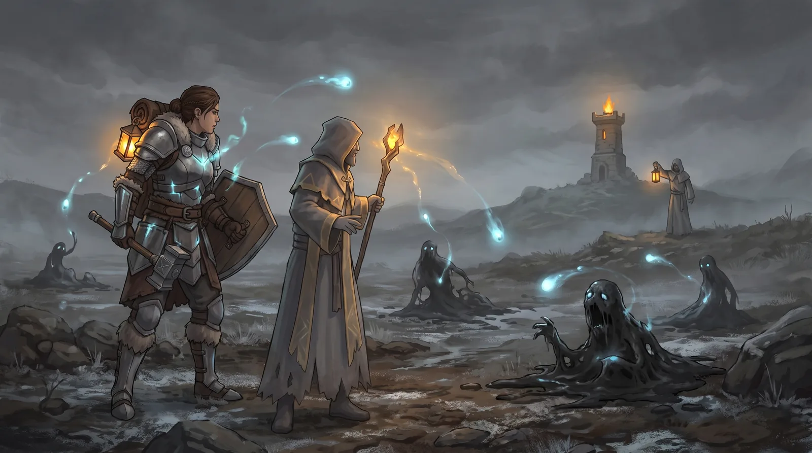 Una guerrera con martillo y escudo y un mago con báculo, rodeados de criaturas de barro, mientras orbes azules vuelan hacia sus faroles; a lo lejos, un Farolero espera junto a un faro.